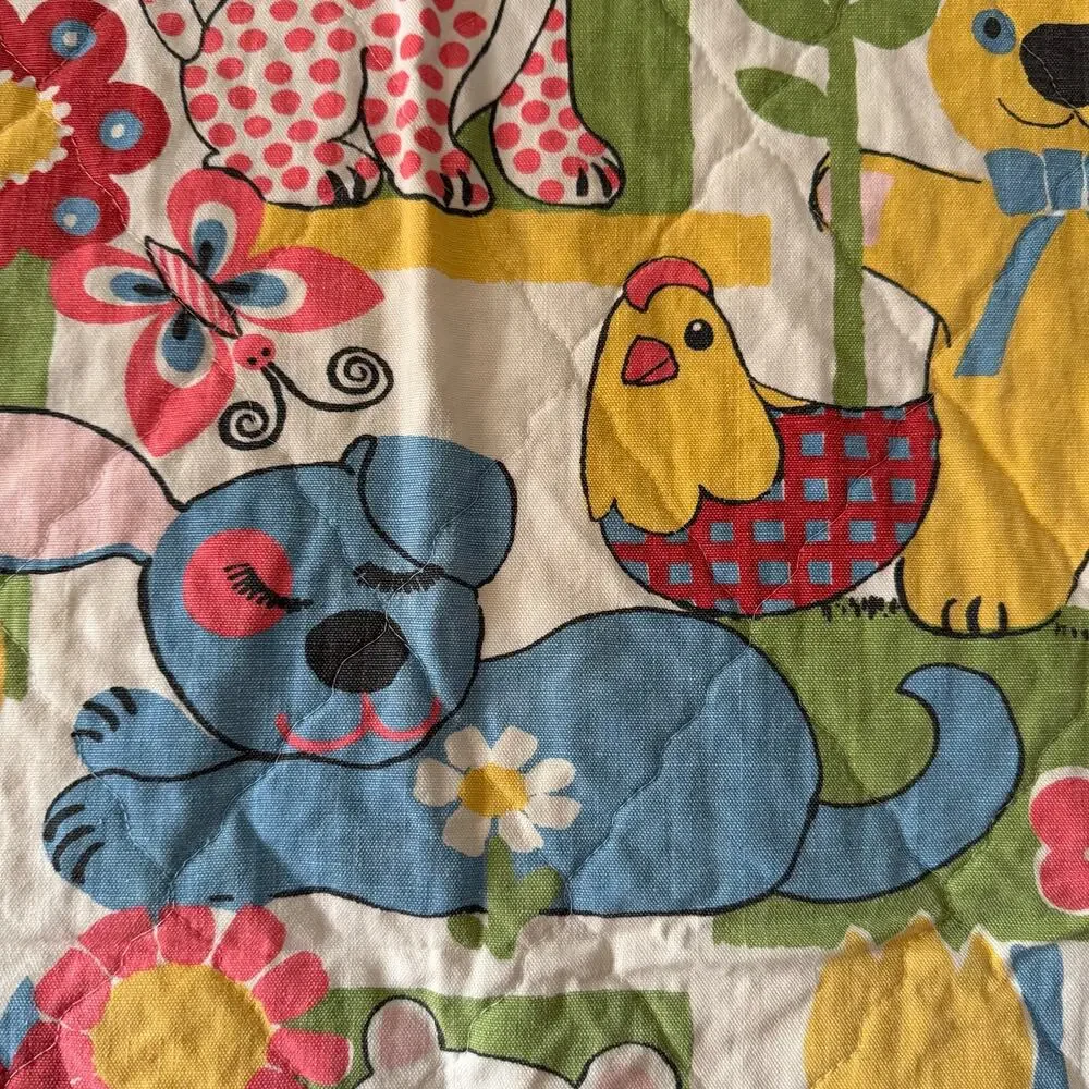 Vintage 1970s Kids Quilt Puppy Chicken Turtle Teddy Bear Doll Blanket 42
